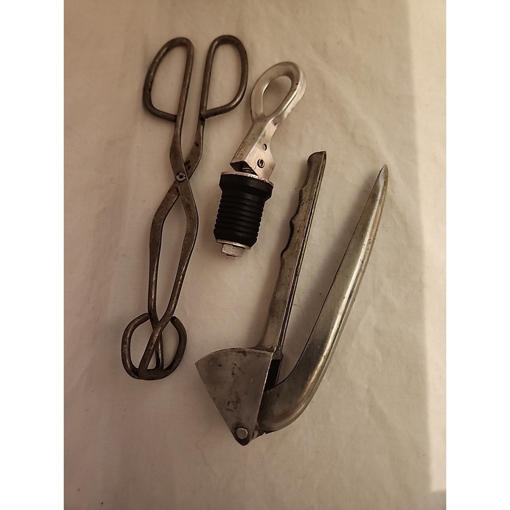 Vintage Kitchen Tool Set Tongs , Bottle Stopper And Garlic Press